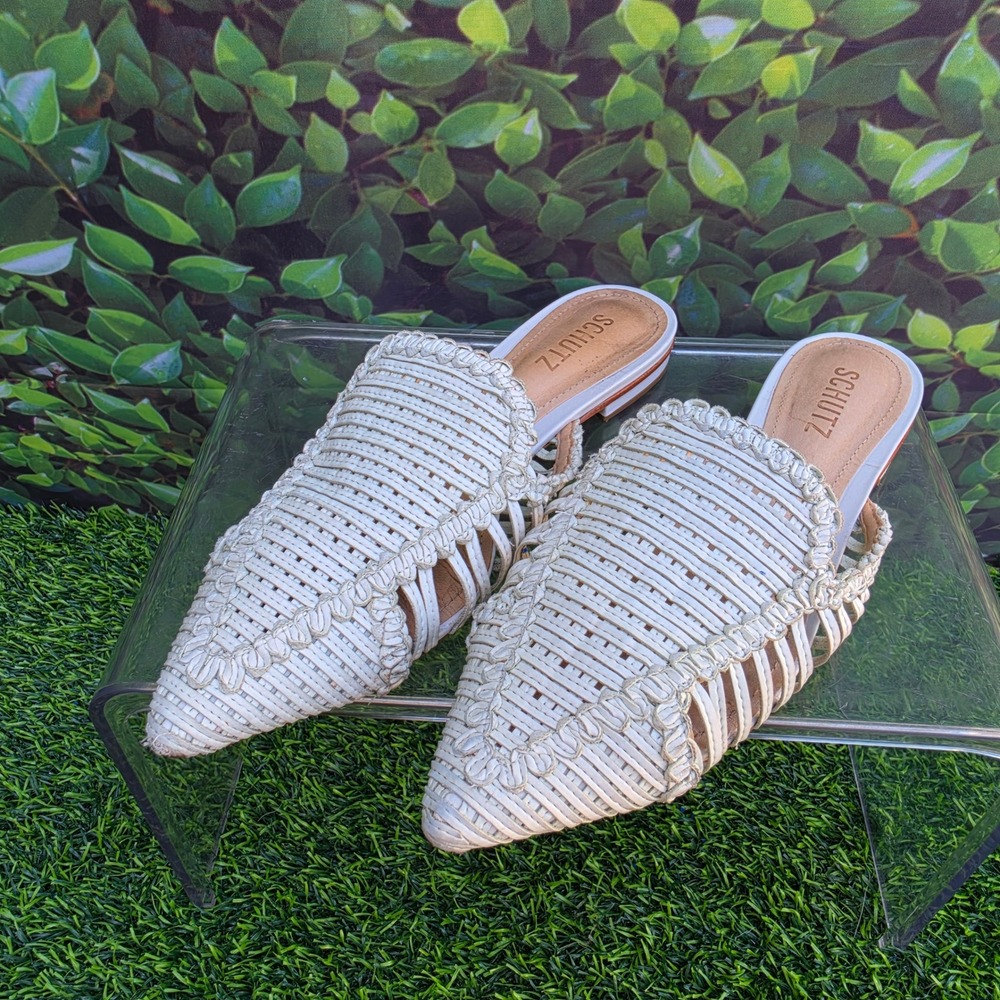 Schutz White Woven Leather Pointed Toe Mules Huarache Flat Slides 7B